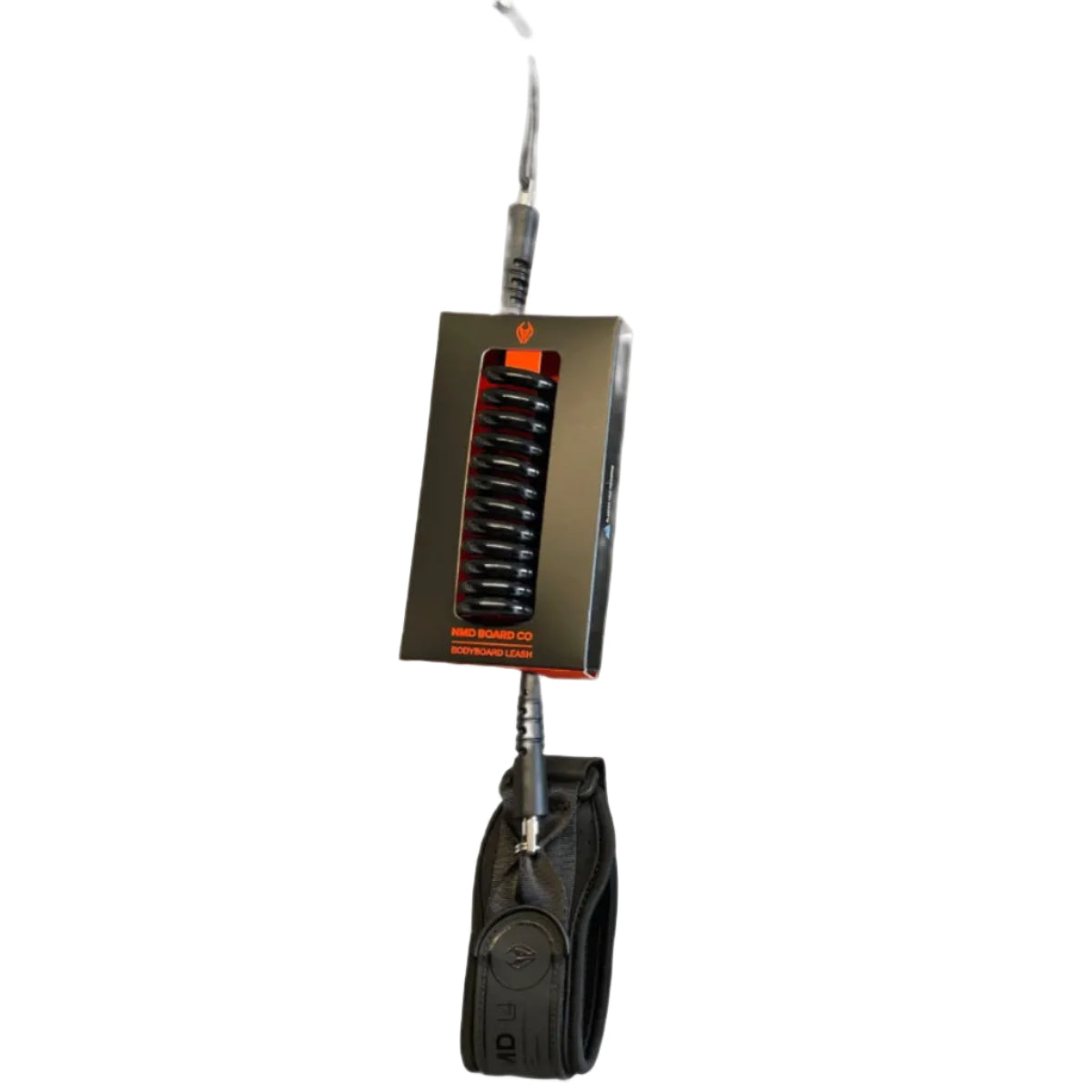 Body boarding leash in black with a coiled design on a white background.