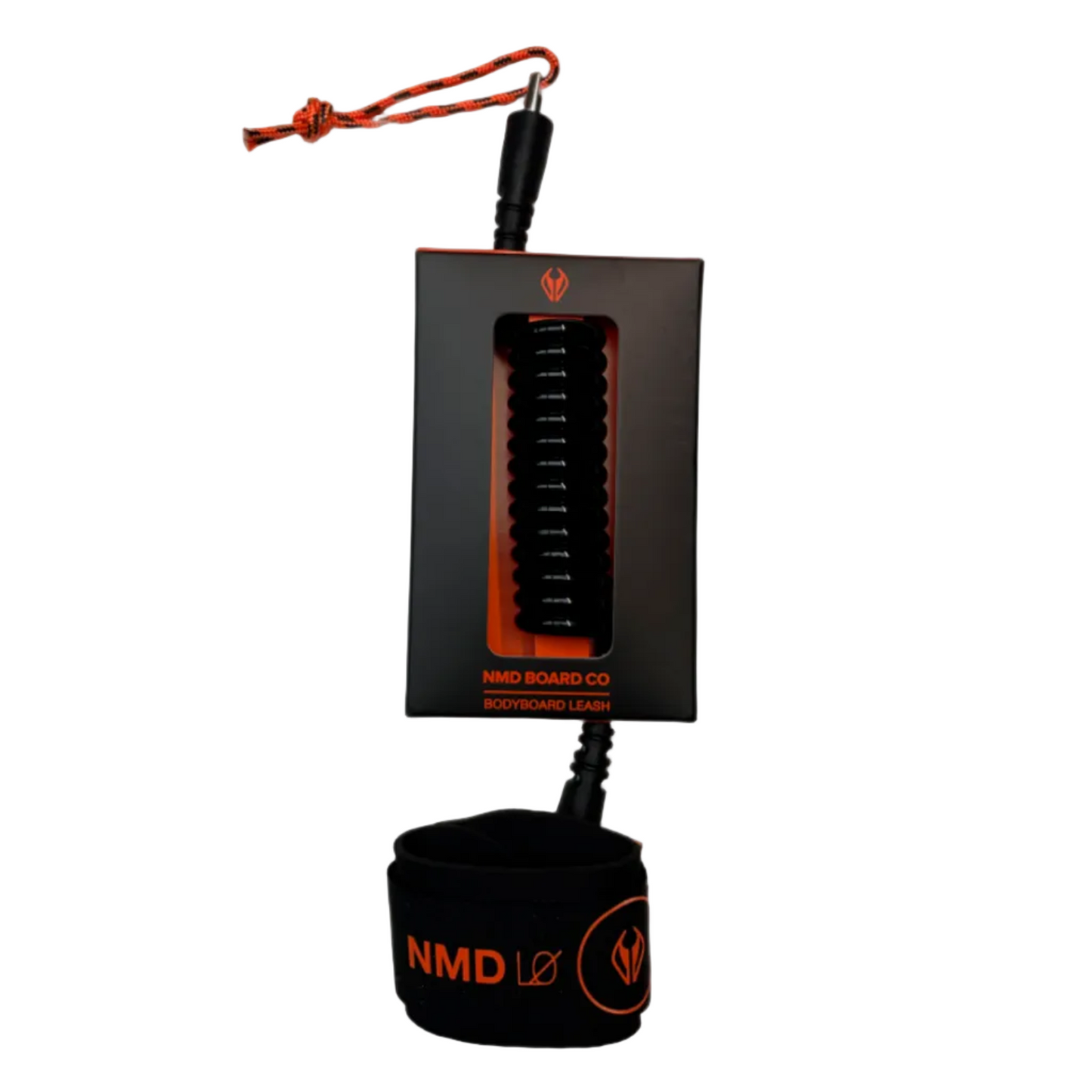 Bodyboarding wrist leash in black and red on a white background.