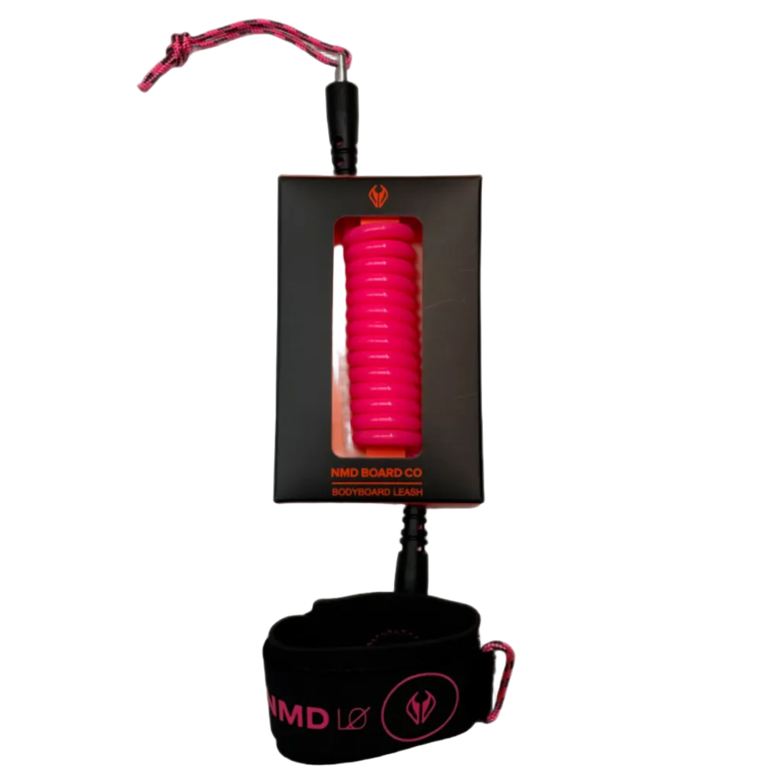 Bodyboarding wrist leash in black and pink on a white background.