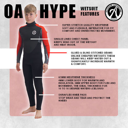 OA Hype 4/3mm Boys Back Zip Wetsuit - Black