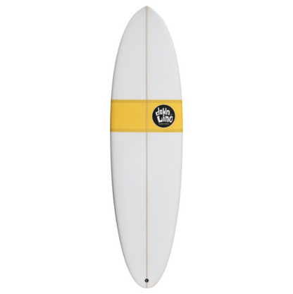 Fun surfboard in white with a yellow strip and black and white logo on a white background.