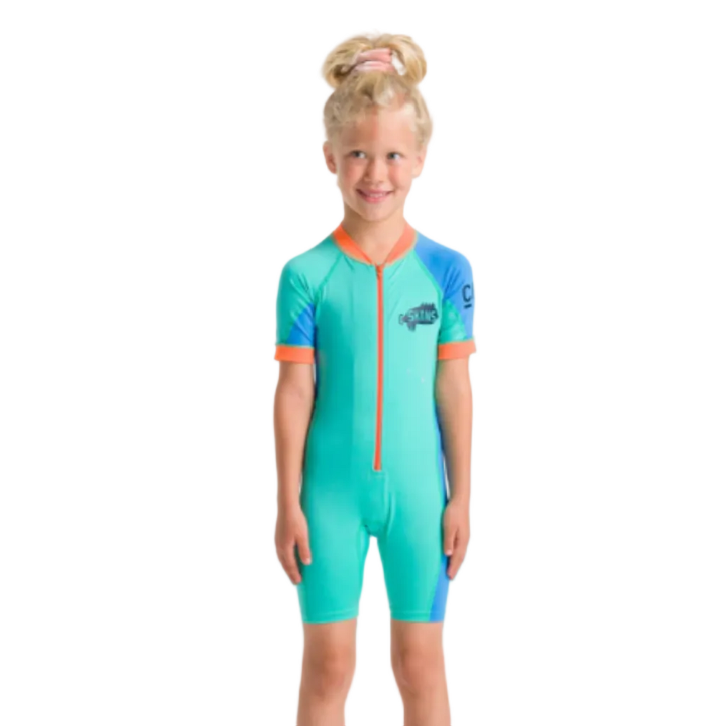 C-Skins NuWave UV  Girls Shortie Sunsuit - Aqua/Orange/Green