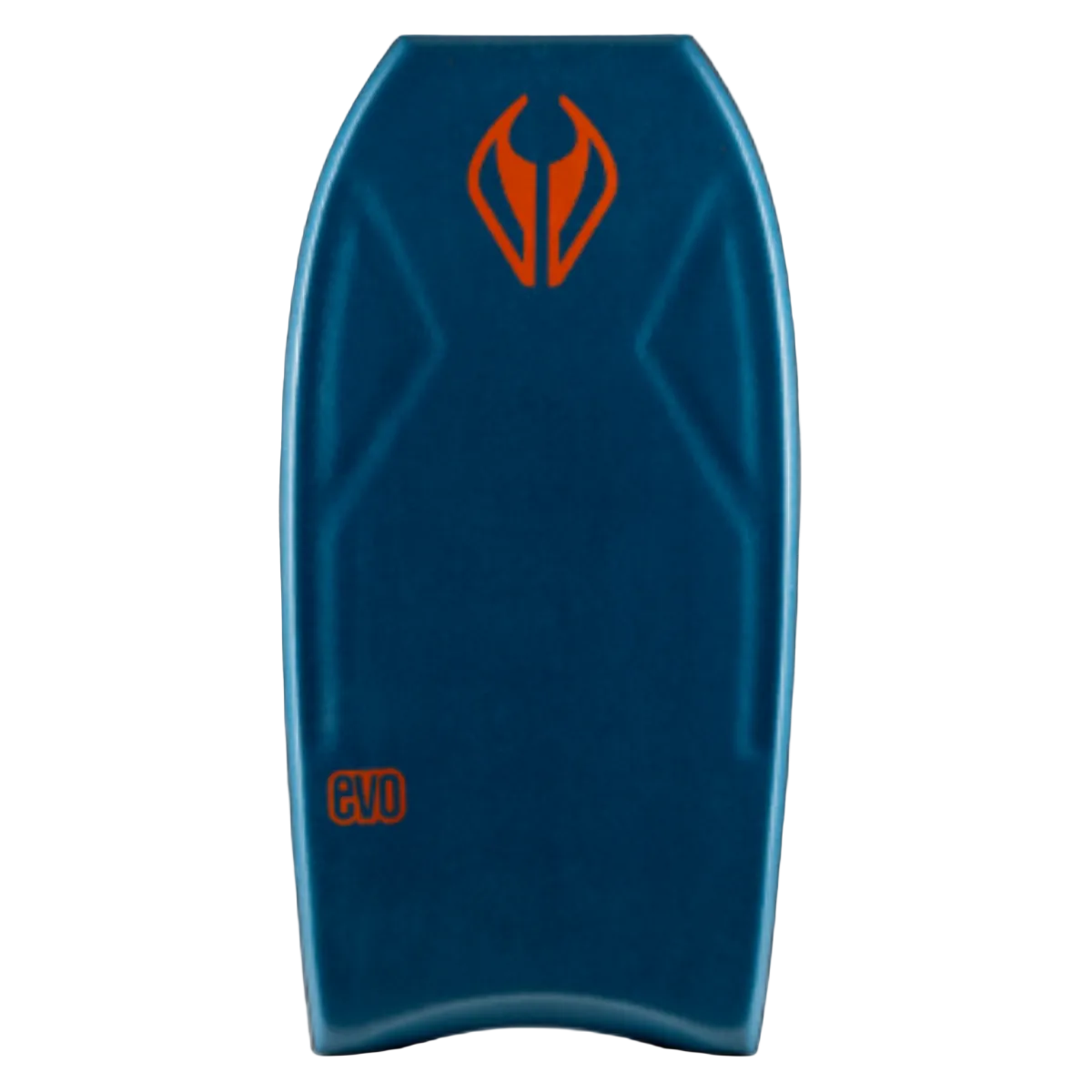 Blue bodyboard with an orange logo and on a white background.