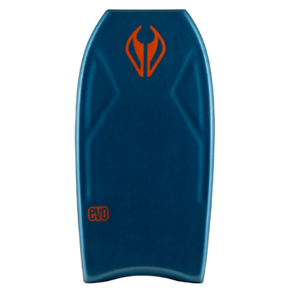 Blue bodyboard with an orange logo and on a white background.