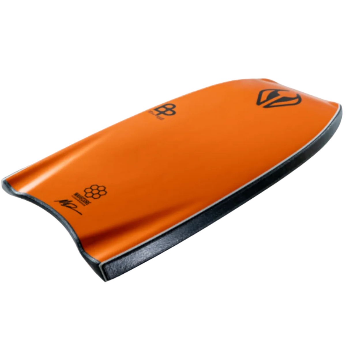 Underside of the bodyboard in orange with a black logo and on a white background
