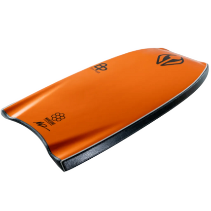 Underside of the bodyboard in orange with a black logo and on a white background