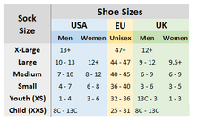Xcel 2mm Half Fin Socks size chart (all groups)