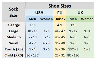 Xcel 2mm Bodyboard Fin Socks size chart