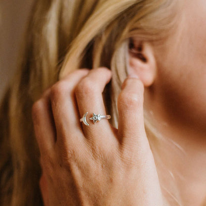 Pineapple Island Moon & Star Adjustable Ring - Silver Plated