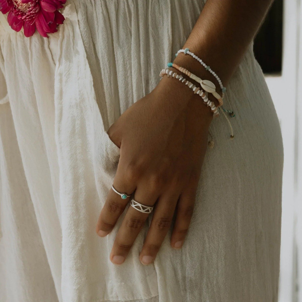 Pineapple Island Dainty Turquoise Stone Ring - Silver Plated
