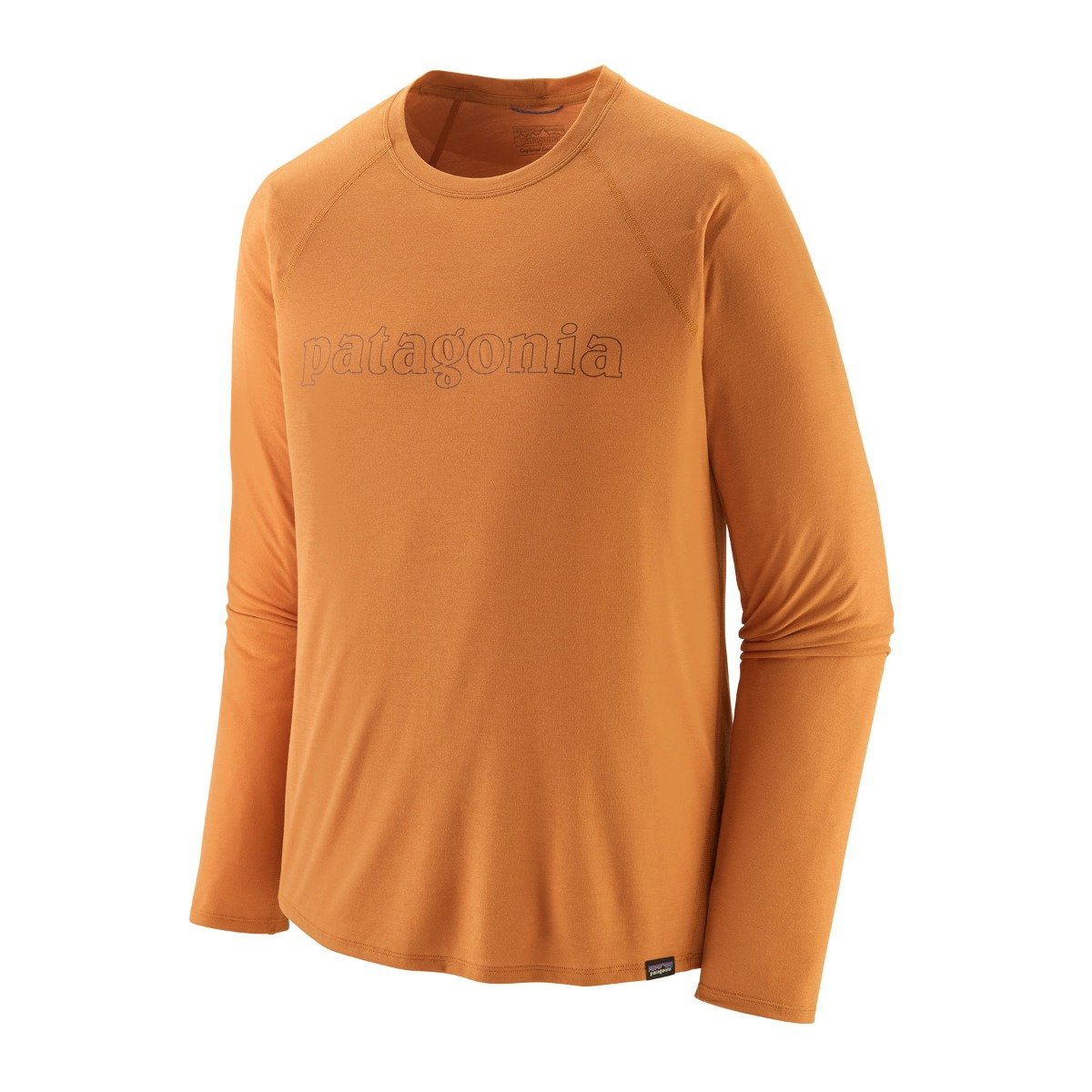 Patagonia Capilene Cool Trail Mens Graphic Long Sleeved Shirt - Outline Text Logo/Golden Caramel