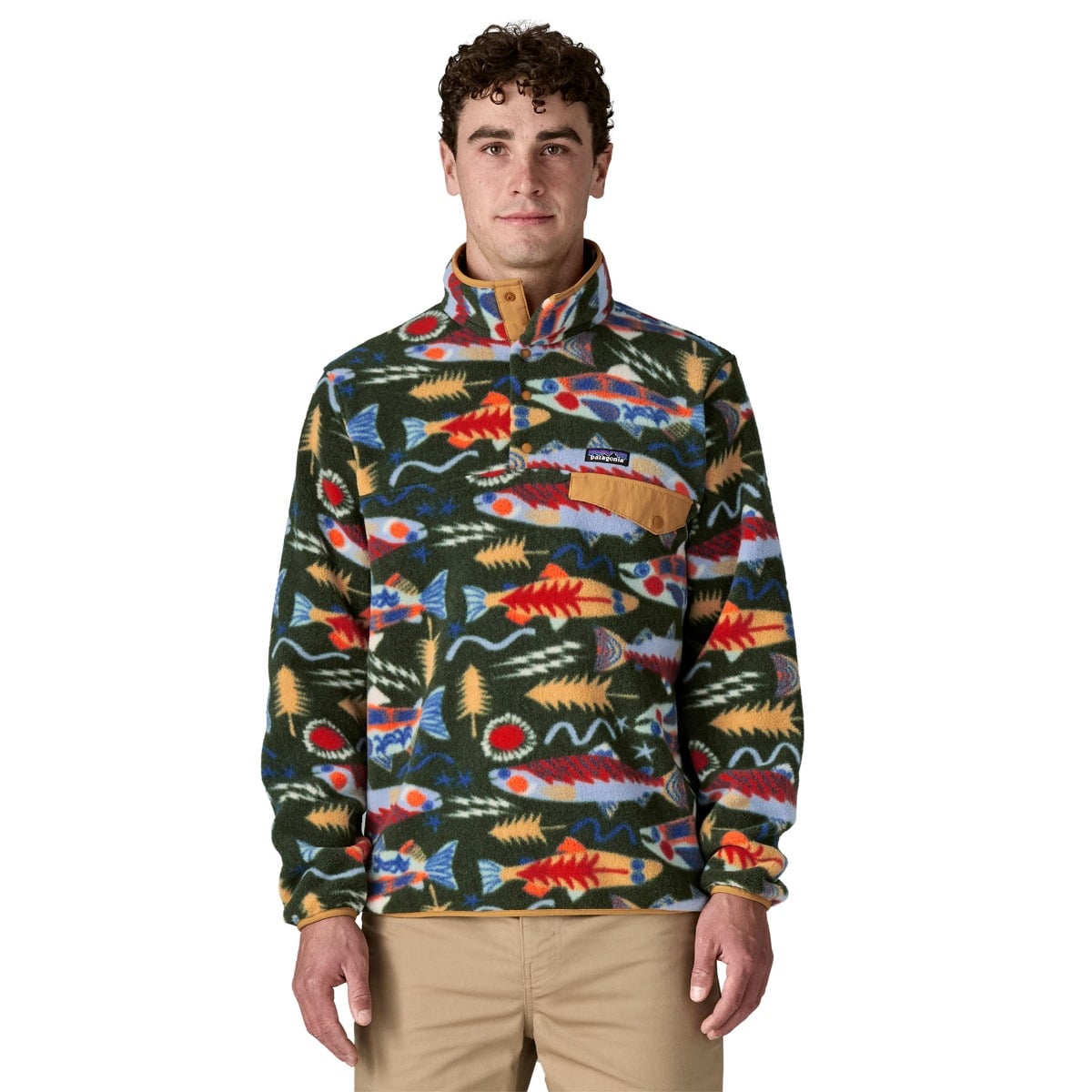 Patagonia Mens LW Synch Snap-T Pullover - Salmon Energy: Old Growth Green
