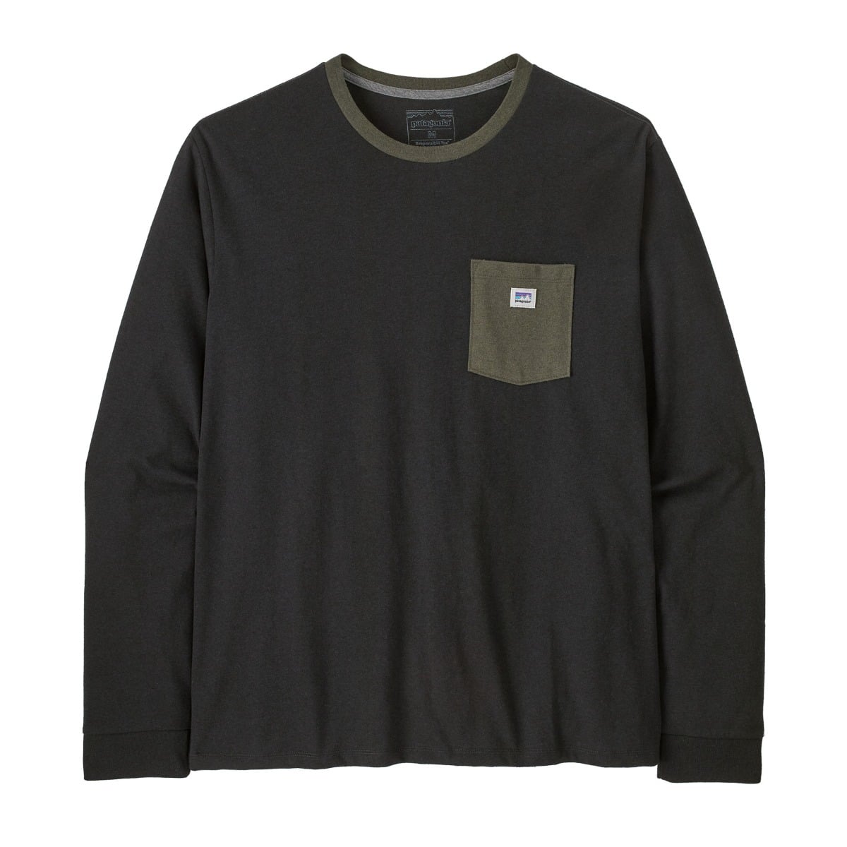 Patagonia Men's Long Sleeved Shop Sticker Pocket Responsibili-Tee in Black/Basin Green