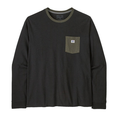 Patagonia Men's Long Sleeved Shop Sticker Pocket Responsibili-Tee in Black/Basin Green