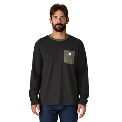 Patagonia Men's Long Sleeved Shop Sticker Pocket Responsibili-Tee - Black/Basin Green
