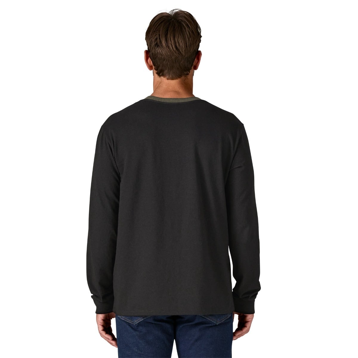 Patagonia Men's Long Sleeved Shop Sticker Pocket Responsibili-Tee - Black/Basin Green
