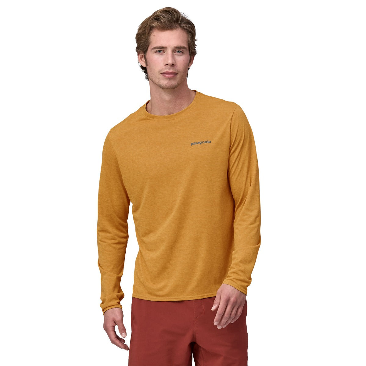Patagonia Men's L/S Cap Cool Daily Graphic Shirt - Waters - Boardshort Logo: Pufferfish Gold X-Dye