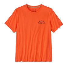 Front side of mens orange tee with a black logo on a white background