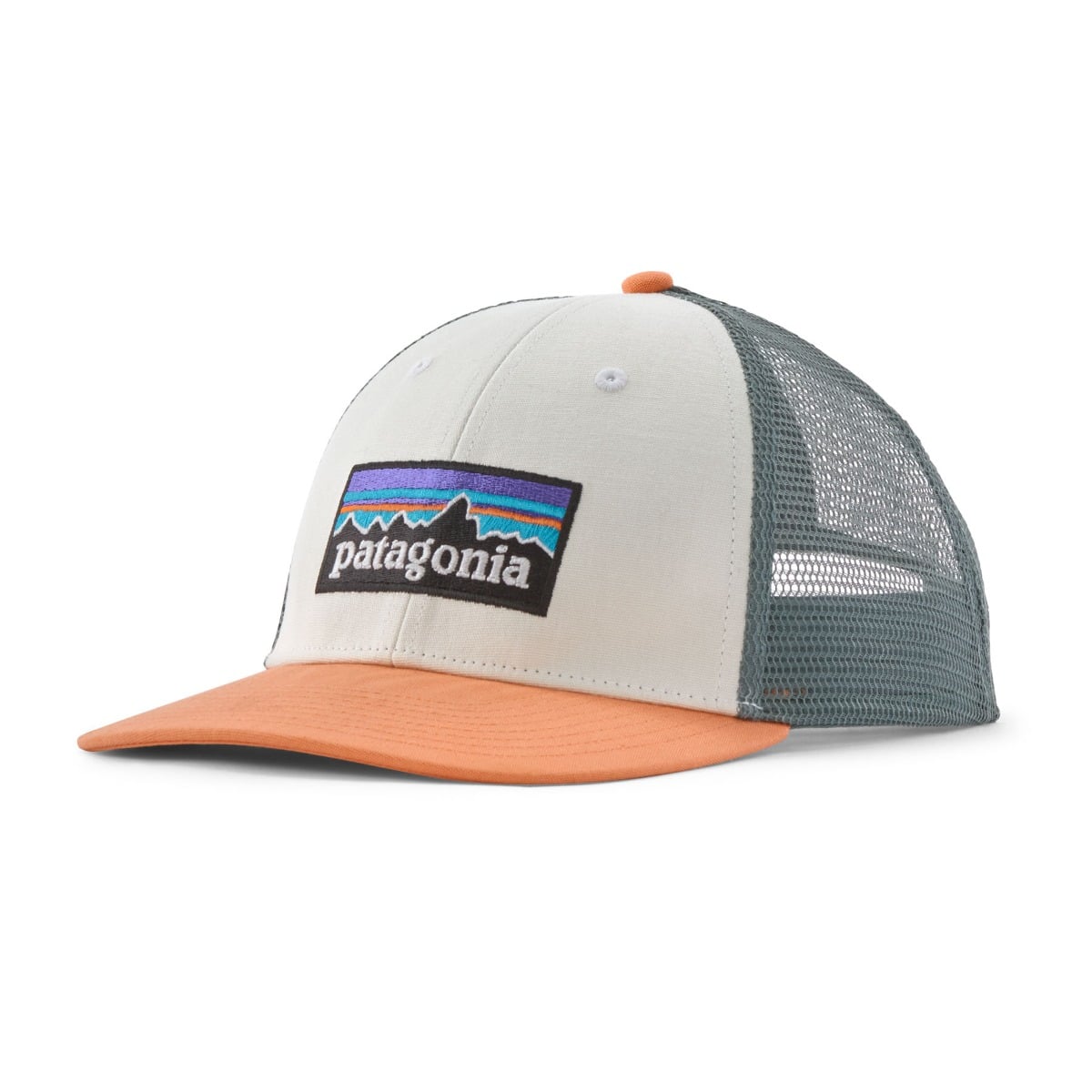 Patagonia P-6 Logo Trucker Hat in White with Peach Sherbet
