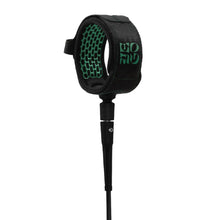 Black and green surfboard leash with a green logo on a white background