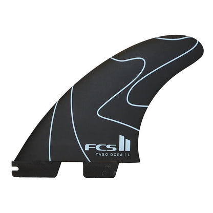 Black and blue surfboard fins with an interesting print on a white background