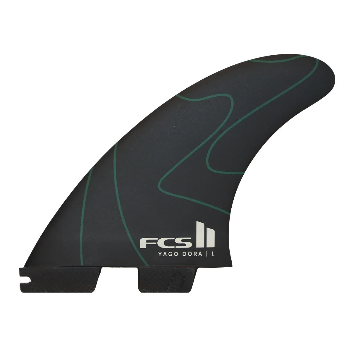 Tri surfboard fins in black and green on a white background
