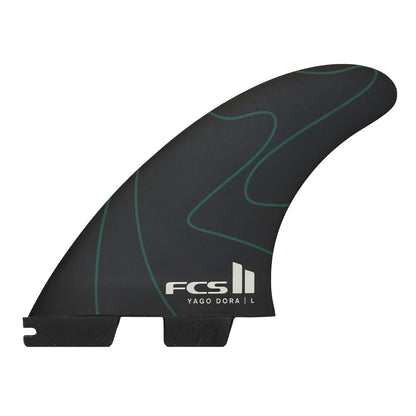 Tri surfboard fins in black and green on a white background