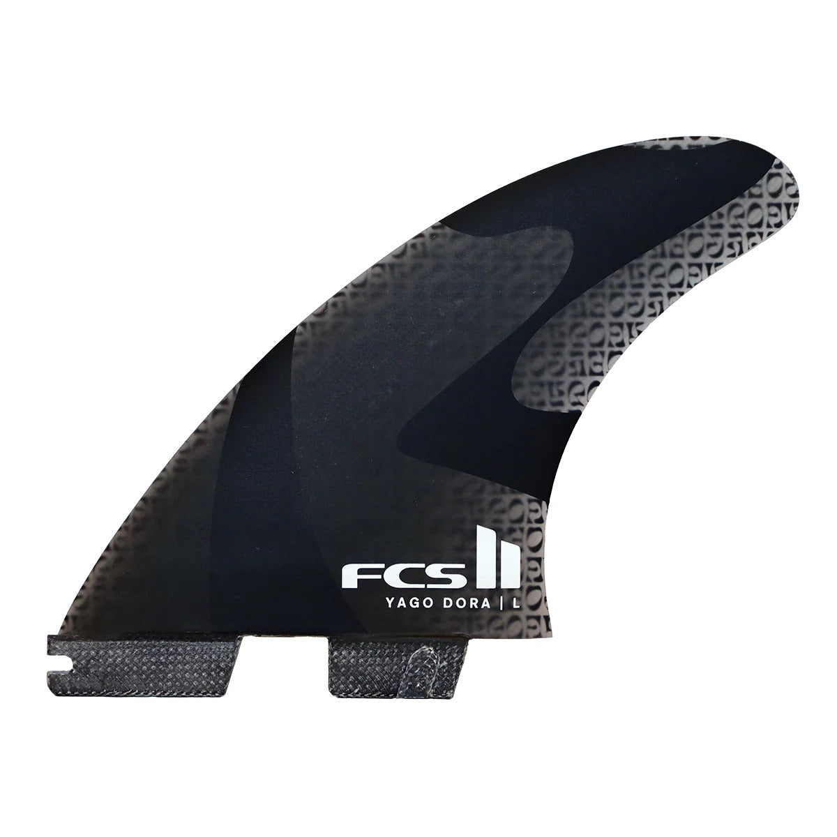 Tri surfboard fins in black and a smoke colour way on a white background