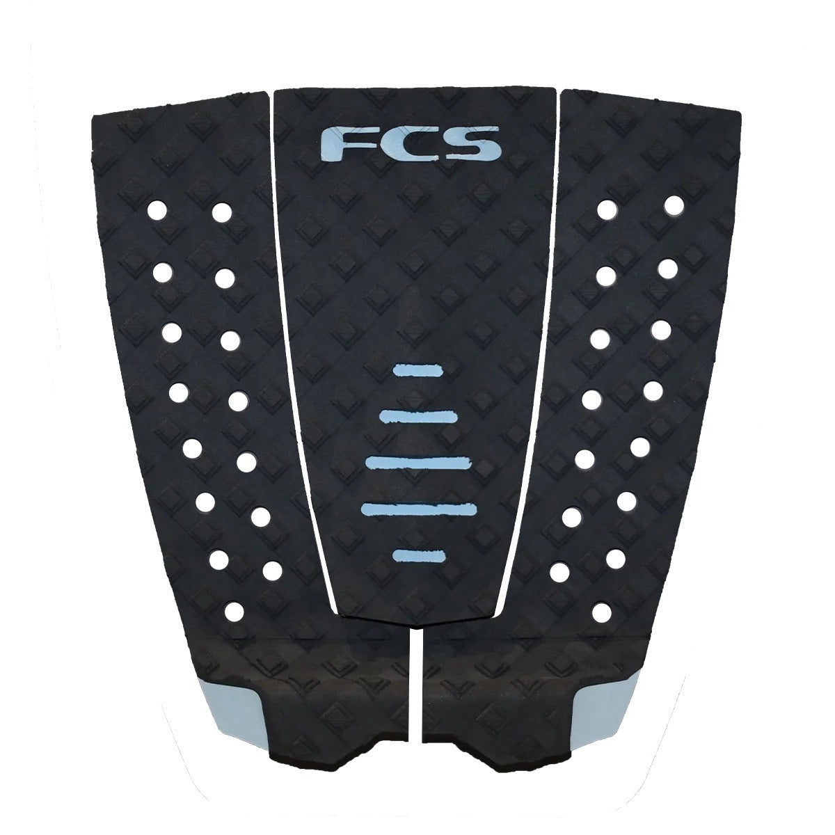 Black and blue traction tail pad with geometric patterns on a white background