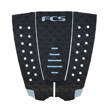 Black and blue traction tail pad with geometric patterns on a white background