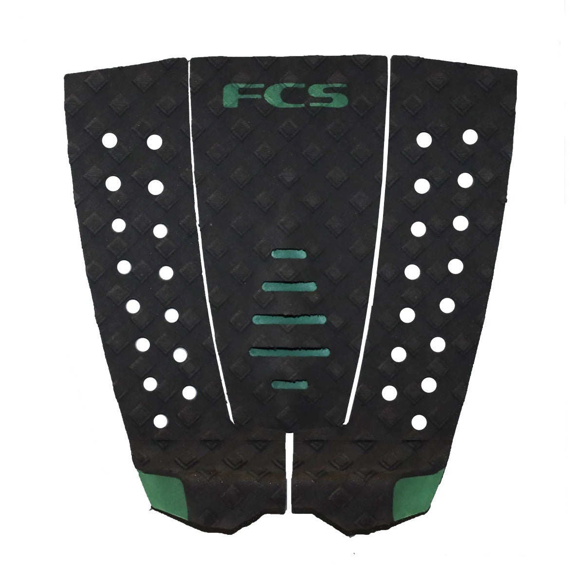 Black and green traction tail pad with geometric patterns on a white background